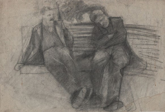 Artur Markowicz, Dwóch mężczyzn siedzących na ławce, węgiel, papier ok. 1900r.